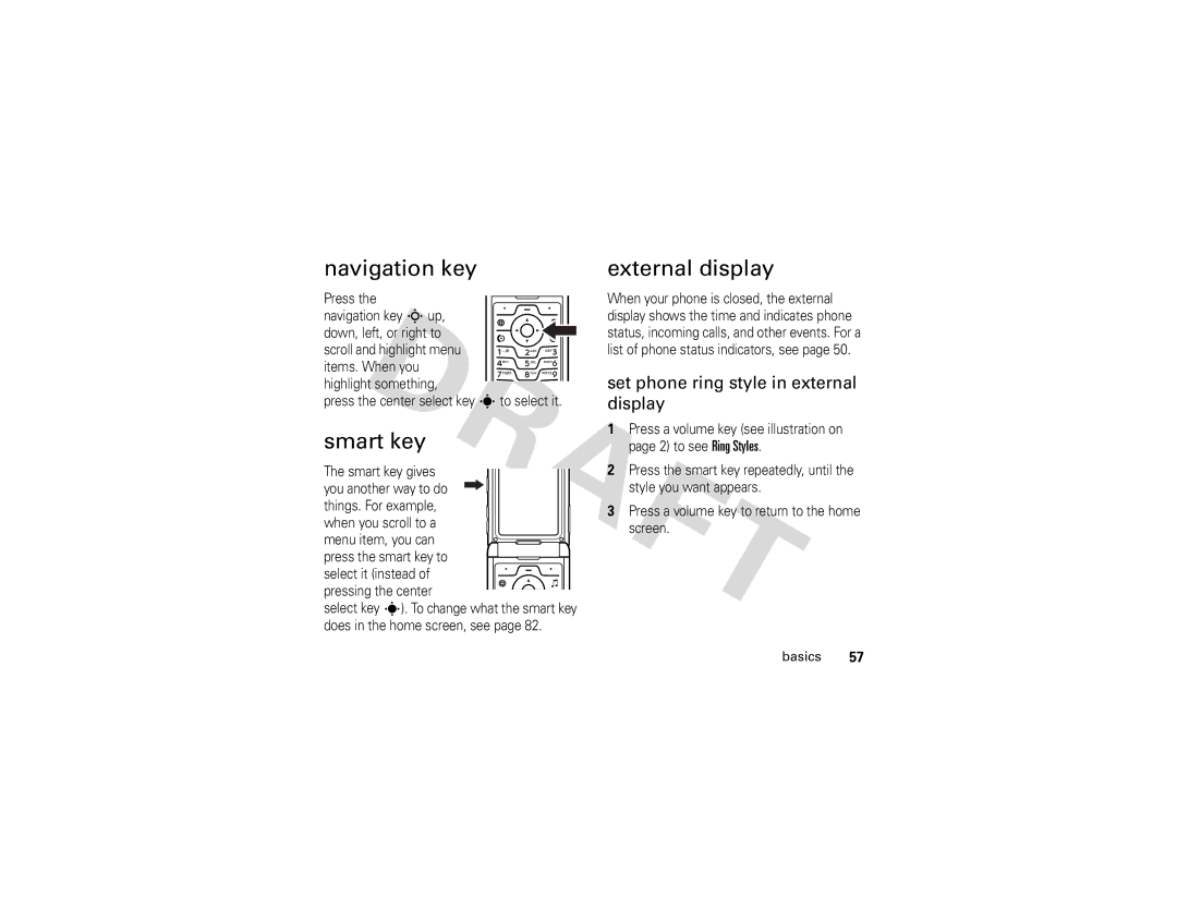 Motorola V3i GSM manual Navigation key, External display, Set phone ring style in external display, Smart key gives 