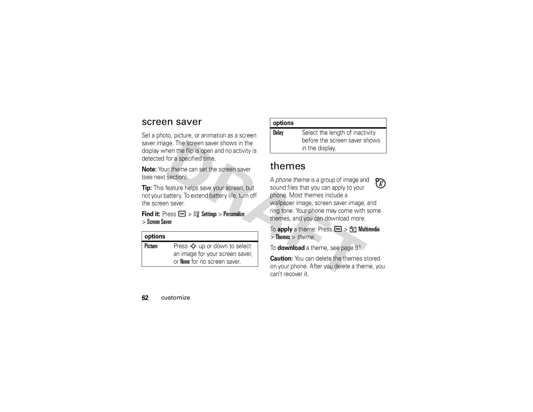 Motorola V3i GSM manual Screen saver, Find it Press a w Settings Personalize Screen Saver, Themes theme 