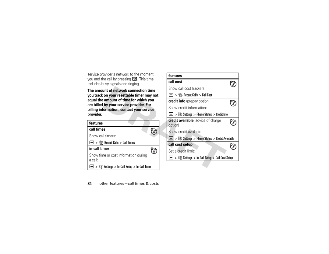Motorola V3i GSM manual Recent Calls Call Times, Settings In-Call Setup In-Call Timer, Settings Phone Status Credit Info 