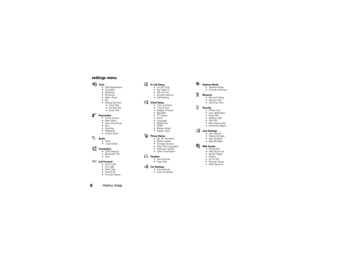 Motorola V3i user manual Settings menu, Tools 