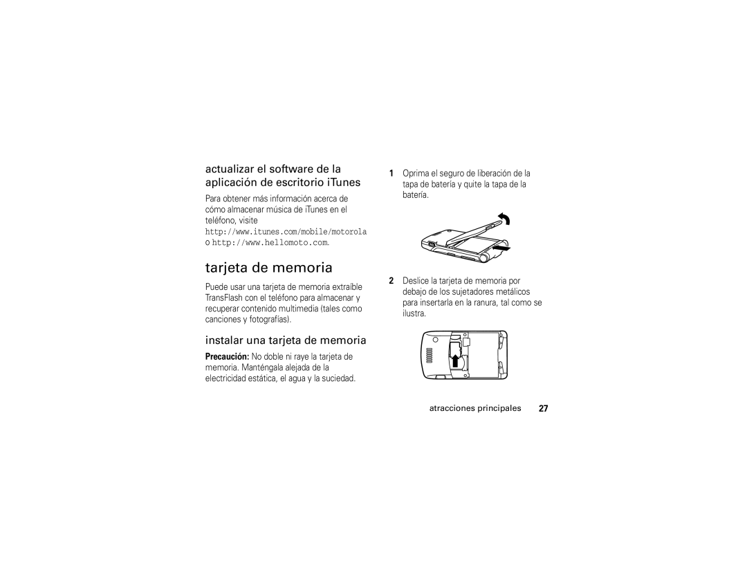 Motorola V3i user manual Tarjeta de memoria, Instalar una tarjeta de memoria 