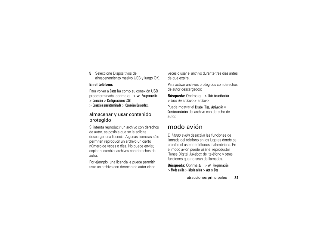 Motorola V3i user manual Modo avión, Almacenar y usar contenido protegido, Búsqueda Oprima a Lista de activación 