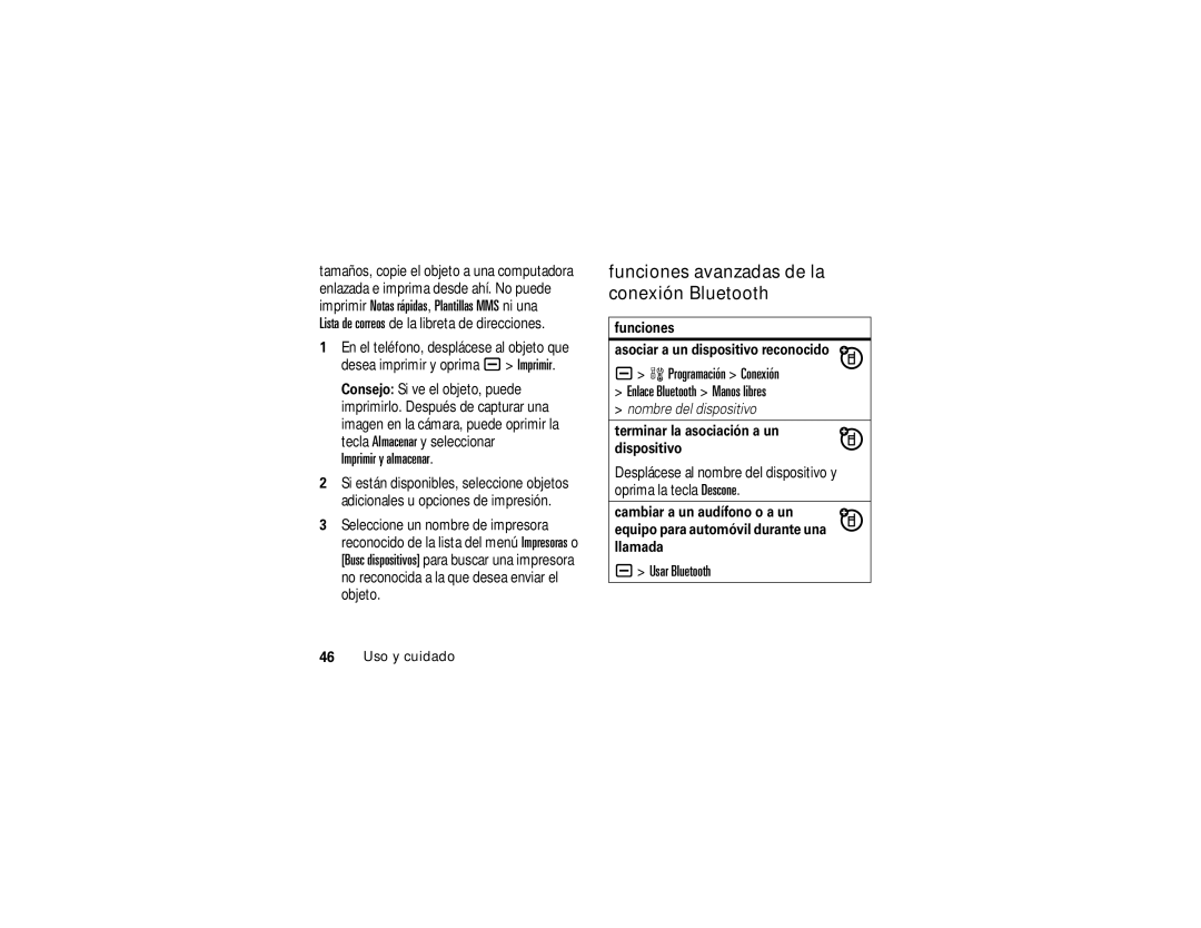 Motorola V3i user manual Funciones avanzadas de la conexión Bluetooth, Programación Conexión Enlace Bluetooth Manos libres 