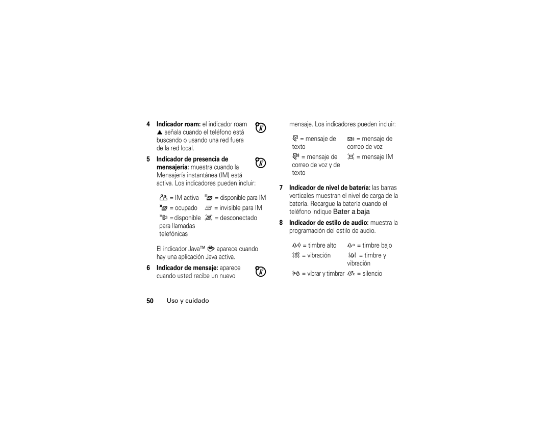 Motorola V3i user manual Indicador roam el indicador roam, Indicador de presencia de 