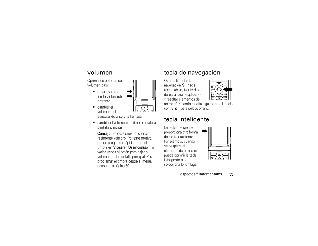 Motorola V3i user manual Volumen, Tecla de navegación, Tecla inteligente 