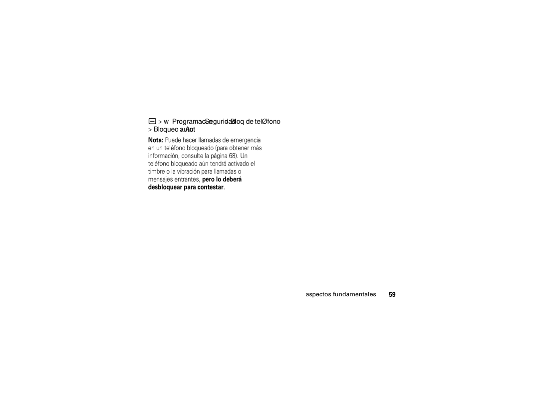 Motorola V3i user manual Programación Seguridad Bloq de teléfono Bloqueo auto Act, Desbloquear para contestar 