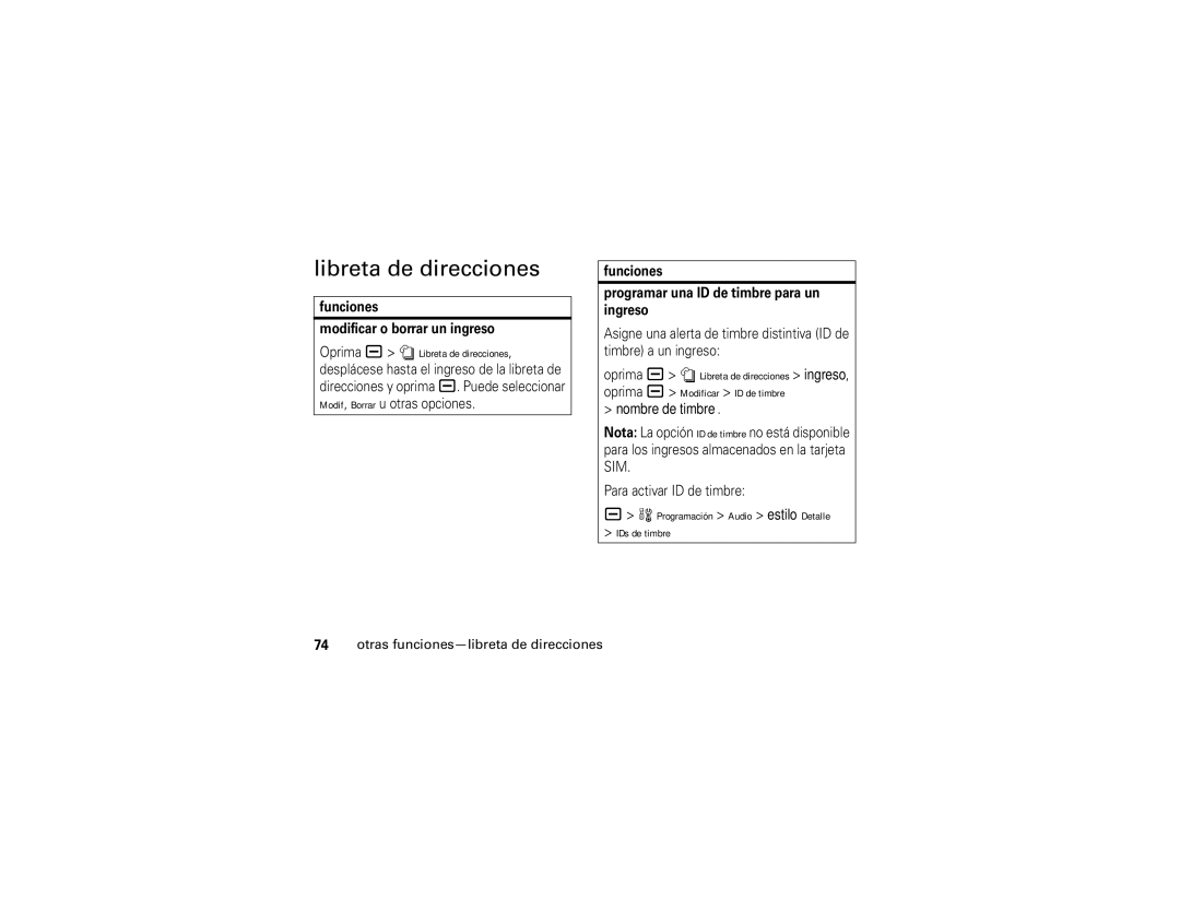 Motorola V3i user manual Oprima a n Libreta de direcciones, Programación Audio estilo Detalle IDs de timbre 