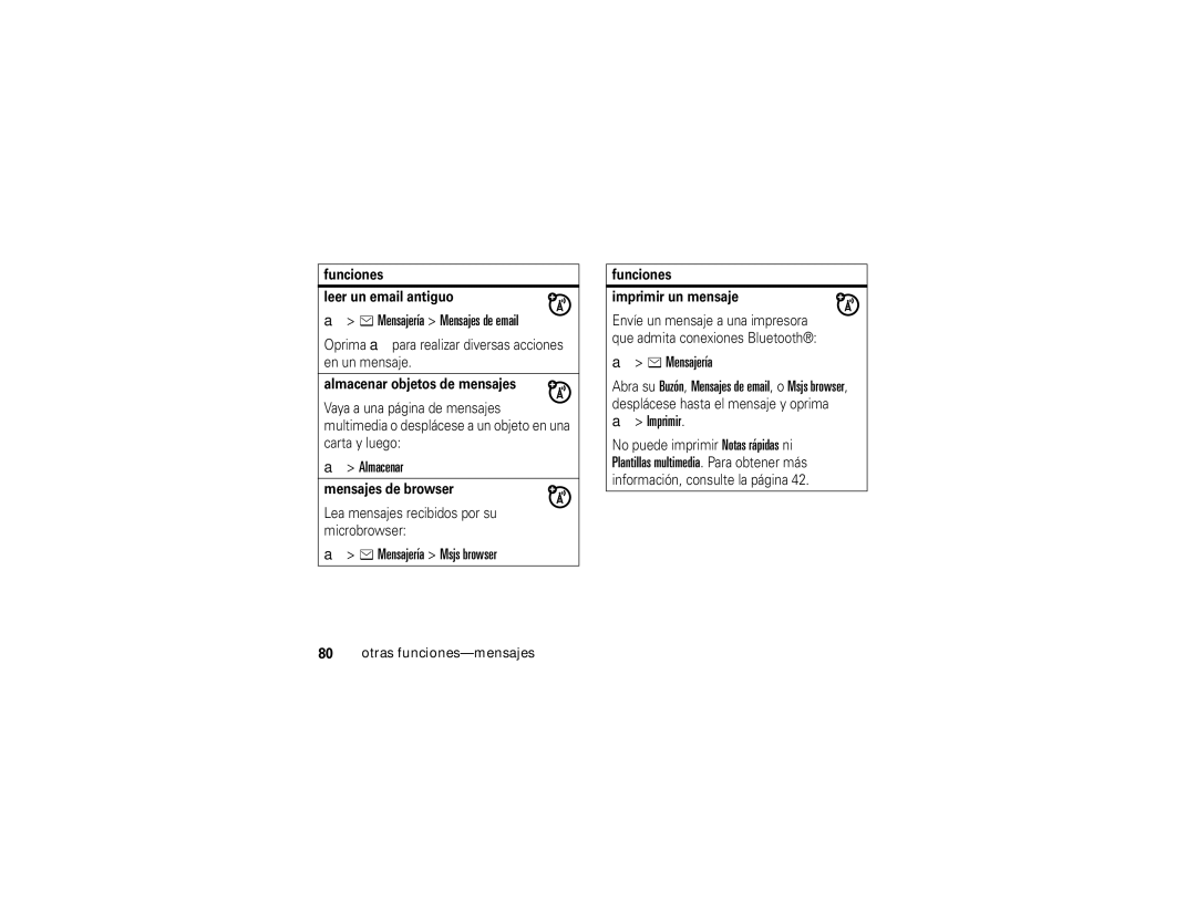 Motorola V3i user manual Mensajería Mensajes de email, Almacenar, Mensajería Msjs browser 