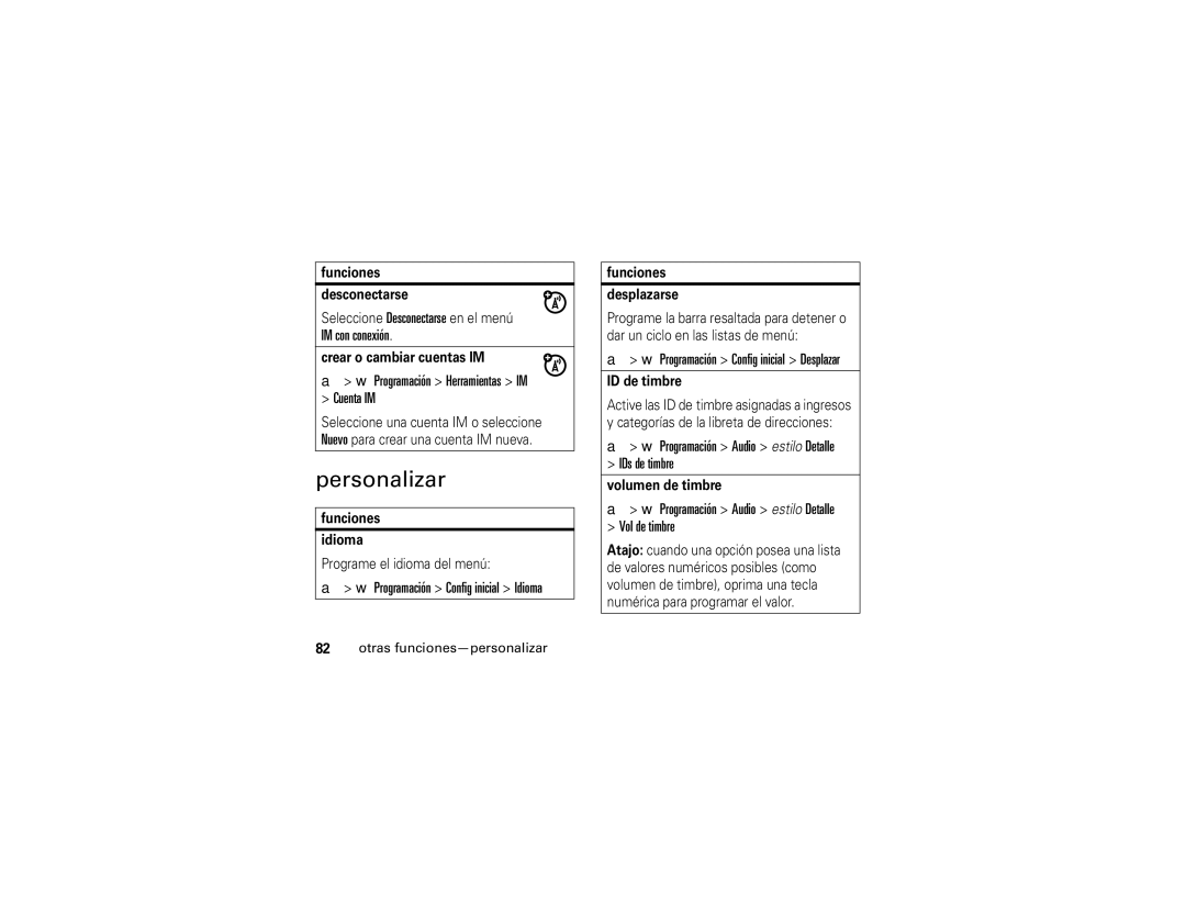 Motorola V3i user manual Personalizar, Programación Herramientas IM Cuenta IM, Programación Config inicial Idioma 