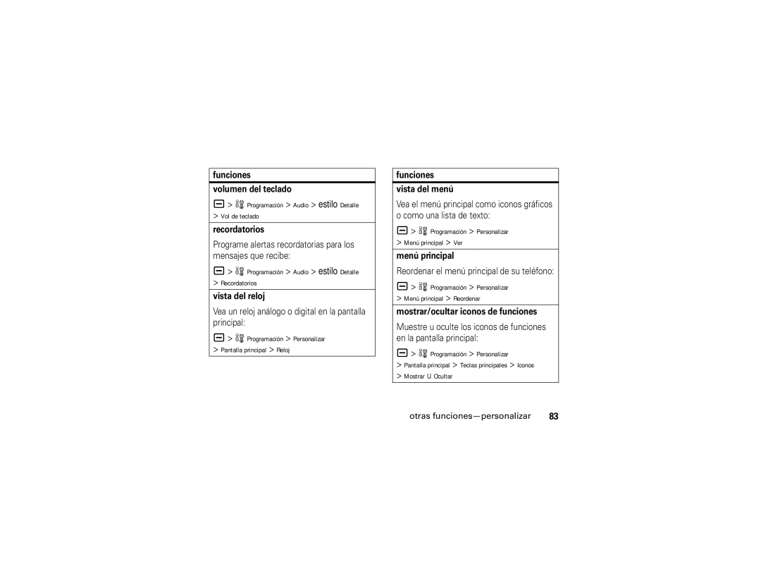 Motorola V3i user manual Programación Audio estilo Detalle Vol de teclado, Programación Audio estilo Detalle Recordatorios 