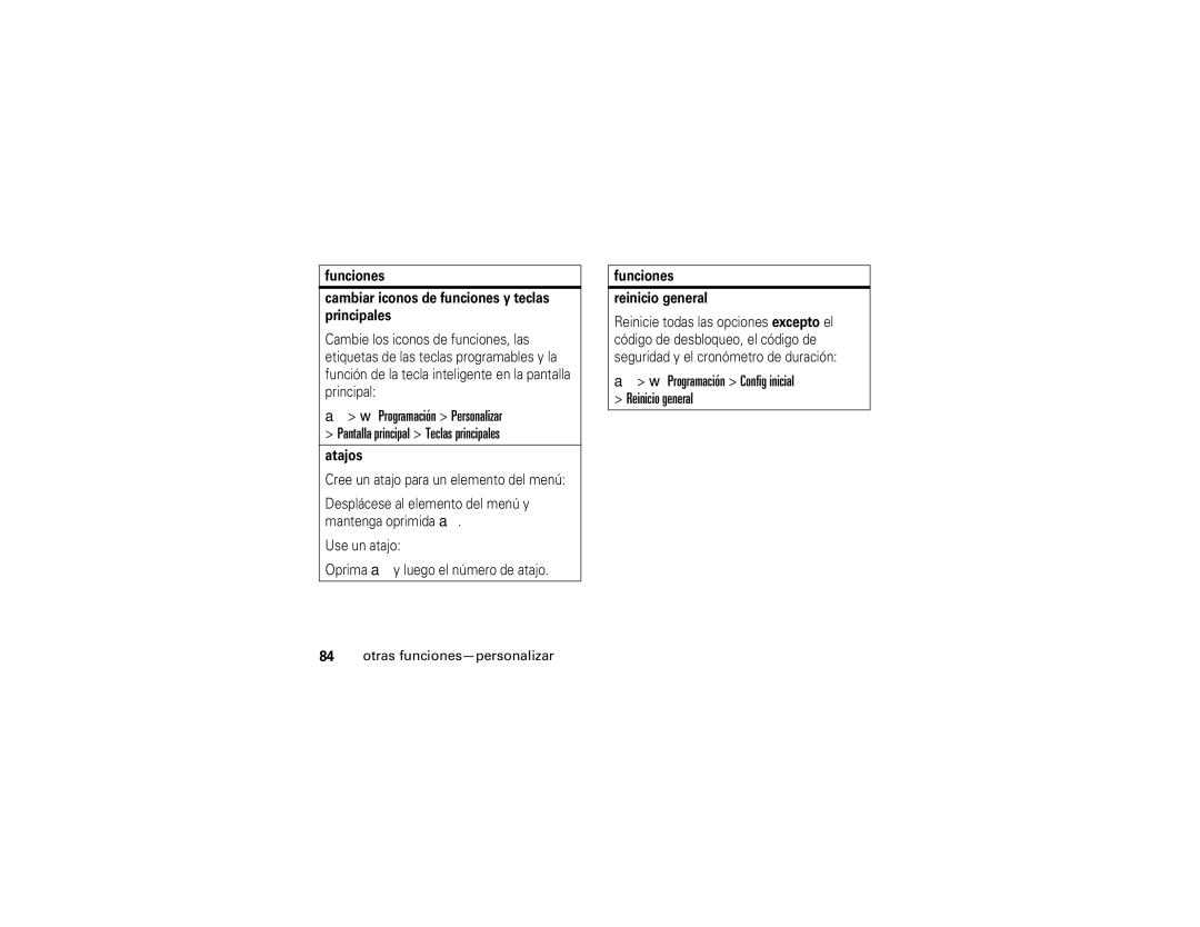 Motorola V3i Programación Config inicial Reinicio general, Funciones Cambiar iconos de funciones y teclas principales 
