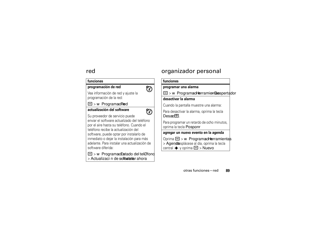 Motorola V3i Organizador personal, Programación Red, Oprima a w Programación Herramientas, Otras funciones-red 