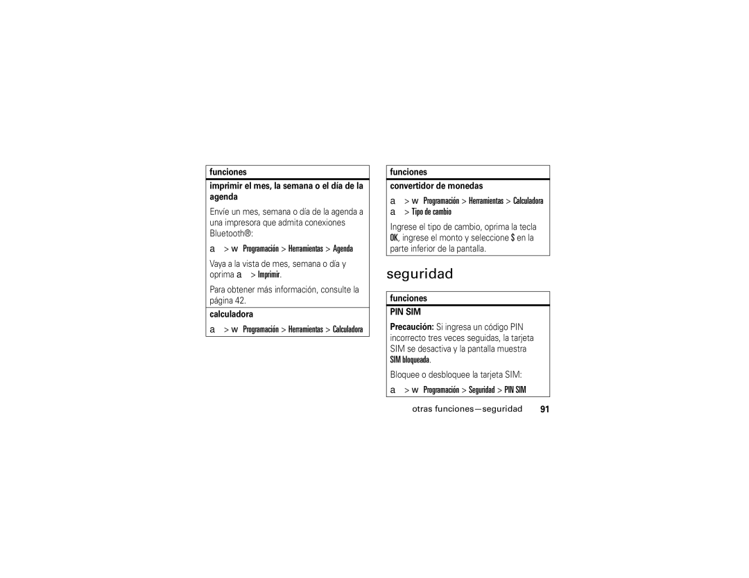 Motorola V3i user manual Programación Herramientas Calculadora a Tipo de cambio, Programación Seguridad PIN SIM 