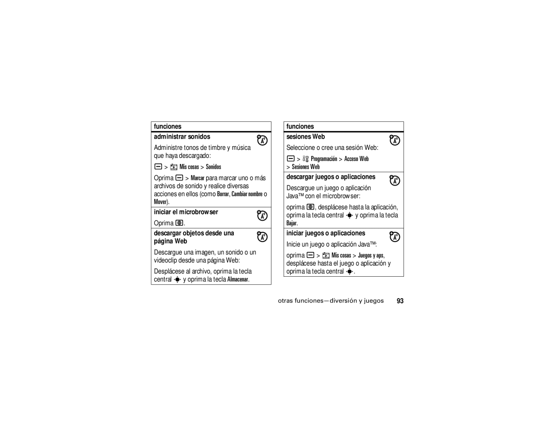 Motorola V3i user manual Mis cosas Sonidos, Programación Acceso Web Sesiones Web, Bajar 