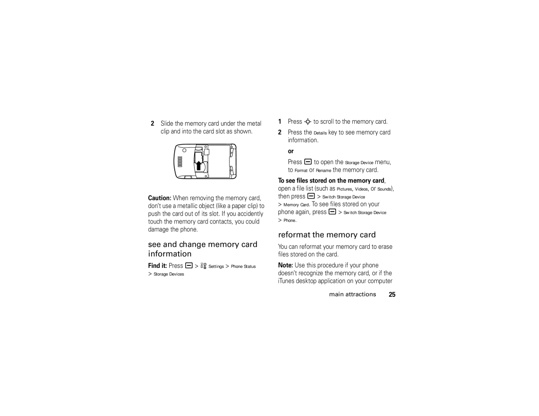 Motorola V3i user manual See and change memory card information, Reformat the memory card, Phone 