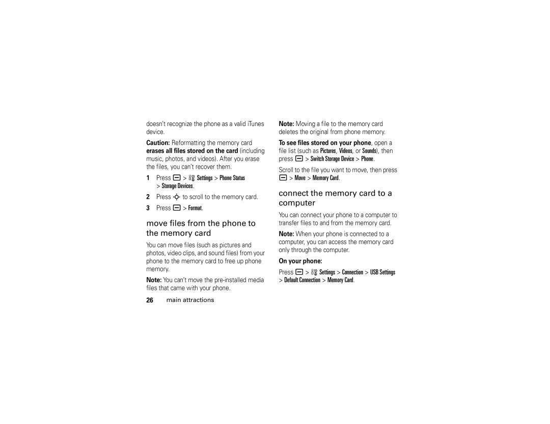 Motorola V3i user manual Move files from the phone to the memory card, Connect the memory card to a computer, On your phone 