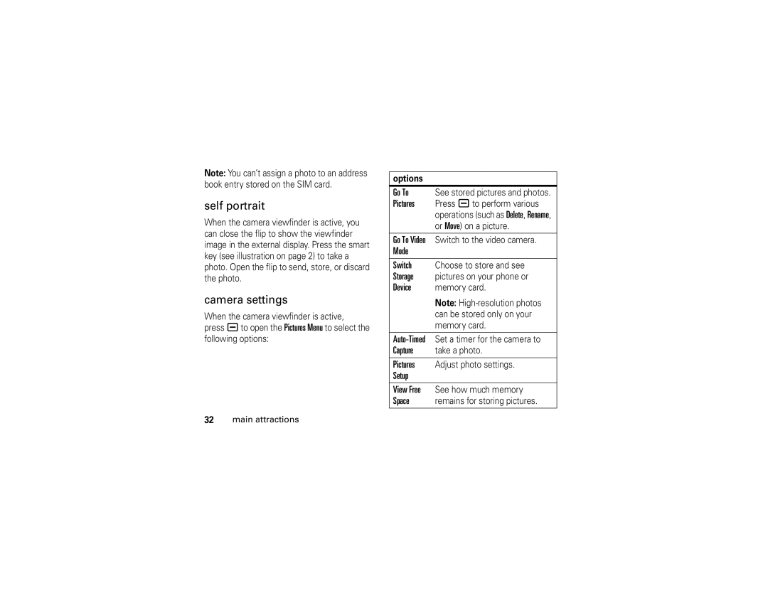 Motorola V3i user manual Self portrait, Camera settings 