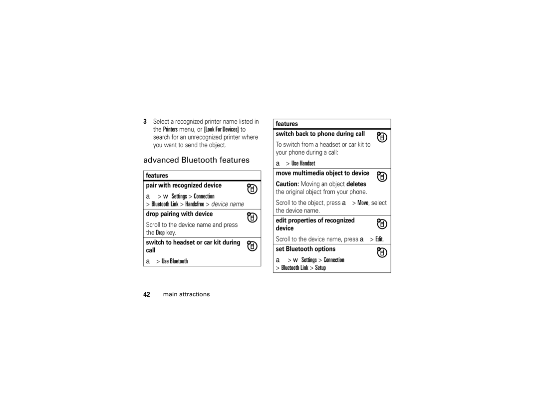 Motorola V3i Advanced Bluetooth features, Settings Connection Bluetooth Link Handsfree device name, Use Bluetooth 