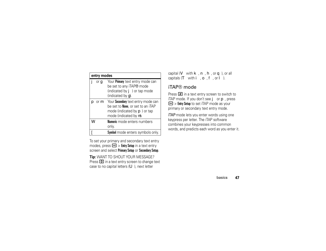 Motorola V3i user manual ITAP mode, Entry modes 