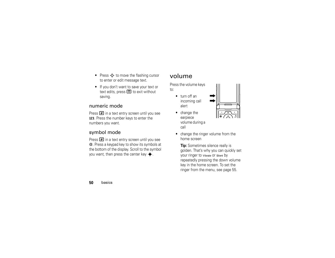 Motorola V3i user manual Volume, Numeric mode, Symbol mode 