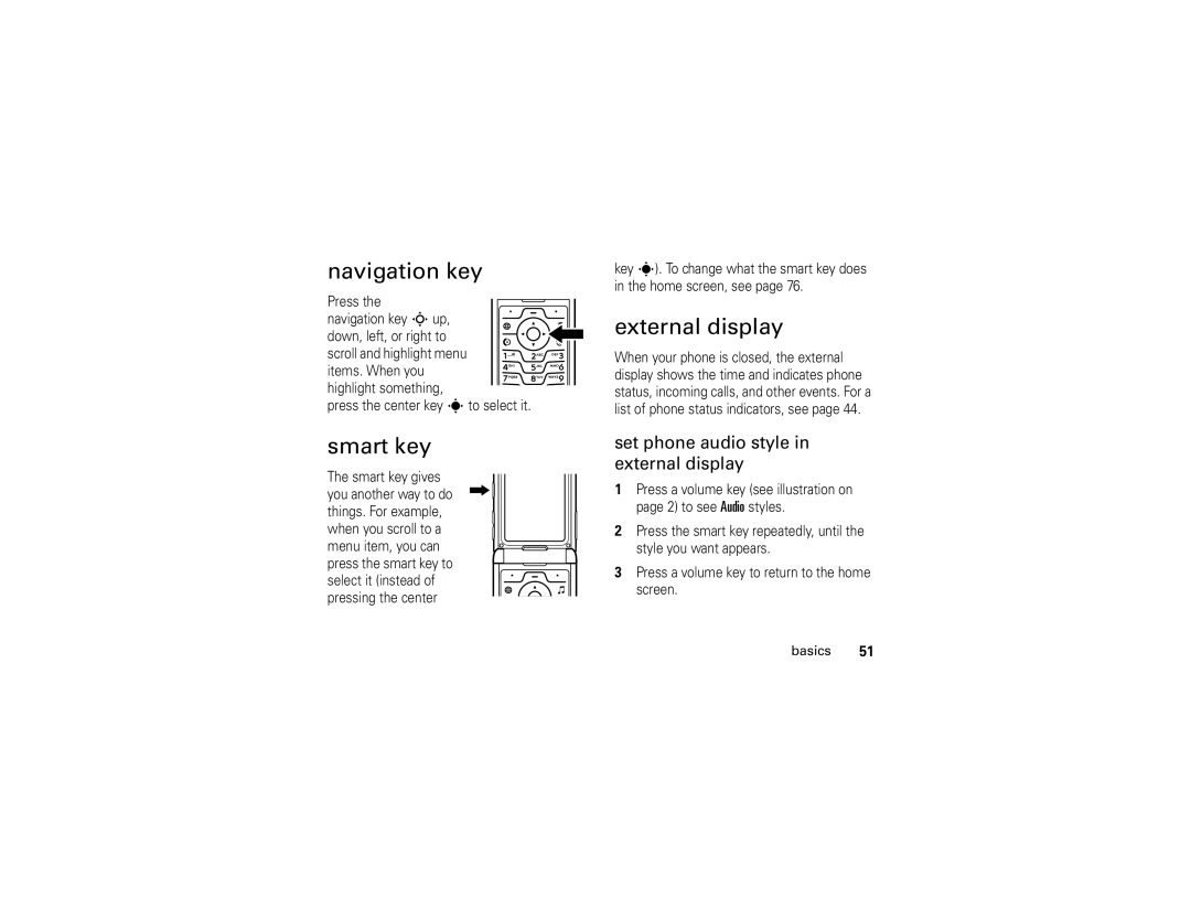 Motorola V3i user manual Navigation key, Smart key, External display, Set phone audio style in external display 