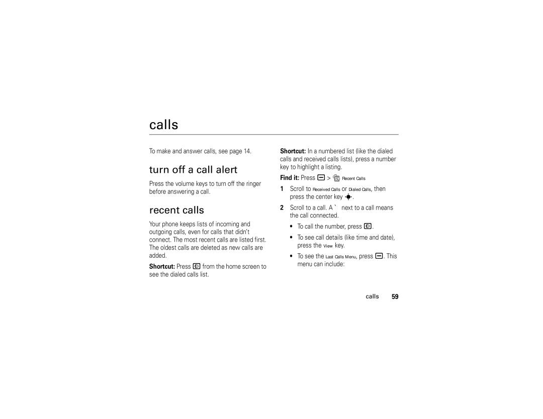 Motorola V3i user manual Calls, Turn off a call alert, Recent calls 