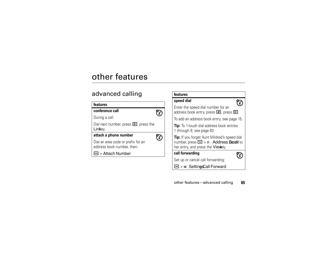 Motorola V3i user manual Advanced calling, Attach Number, Settings Call Forward, Other features-advanced calling 