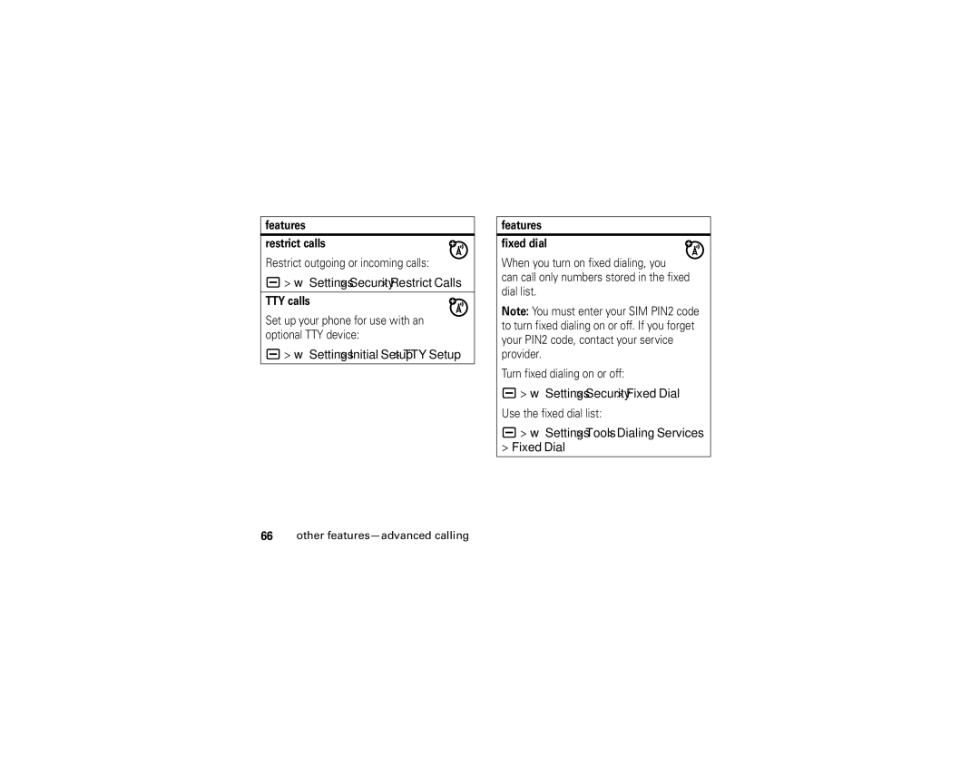 Motorola V3i user manual Settings Security Restrict Calls, Settings Initial Setup TTY Setup, Settings Security Fixed Dial 