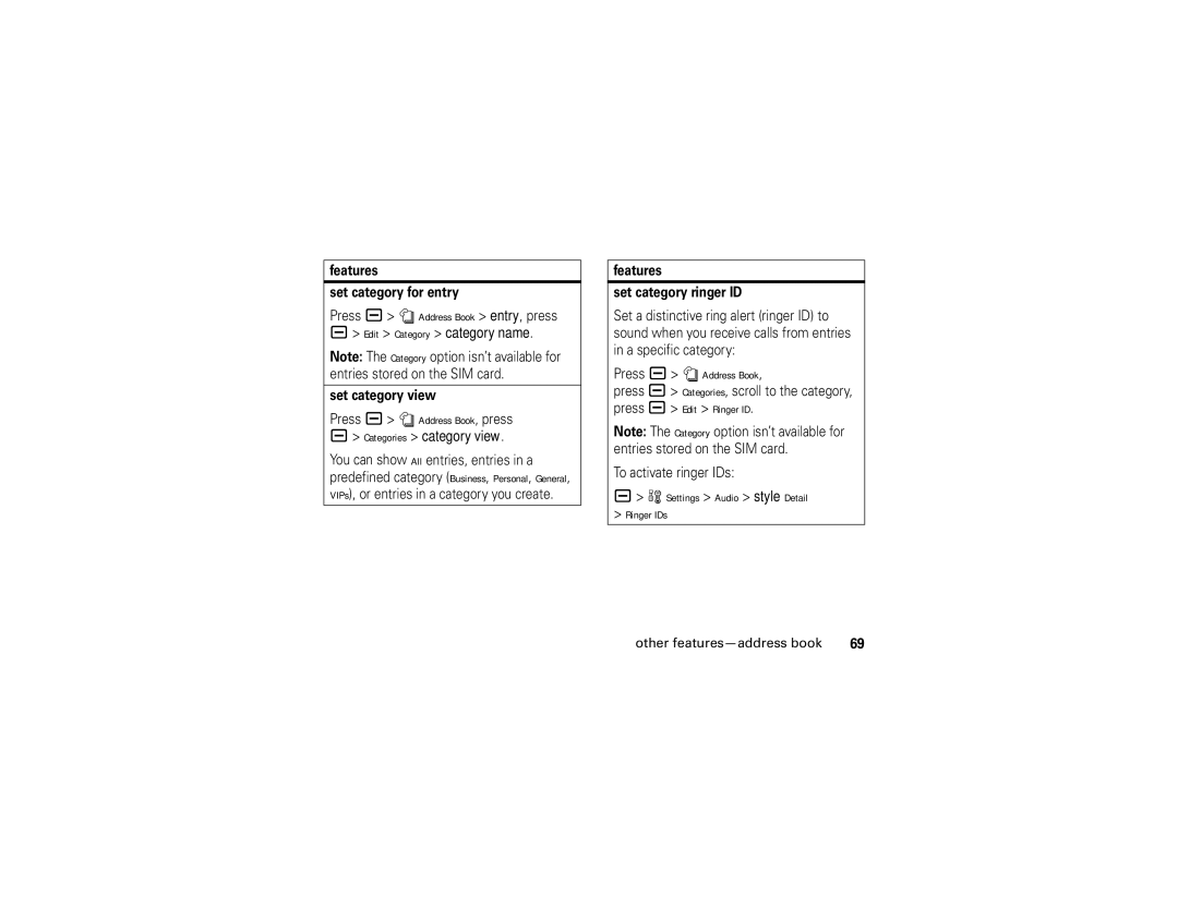 Motorola V3i Press a n Address Book, Features Set category for entry, Set category view, Features Set category ringer ID 
