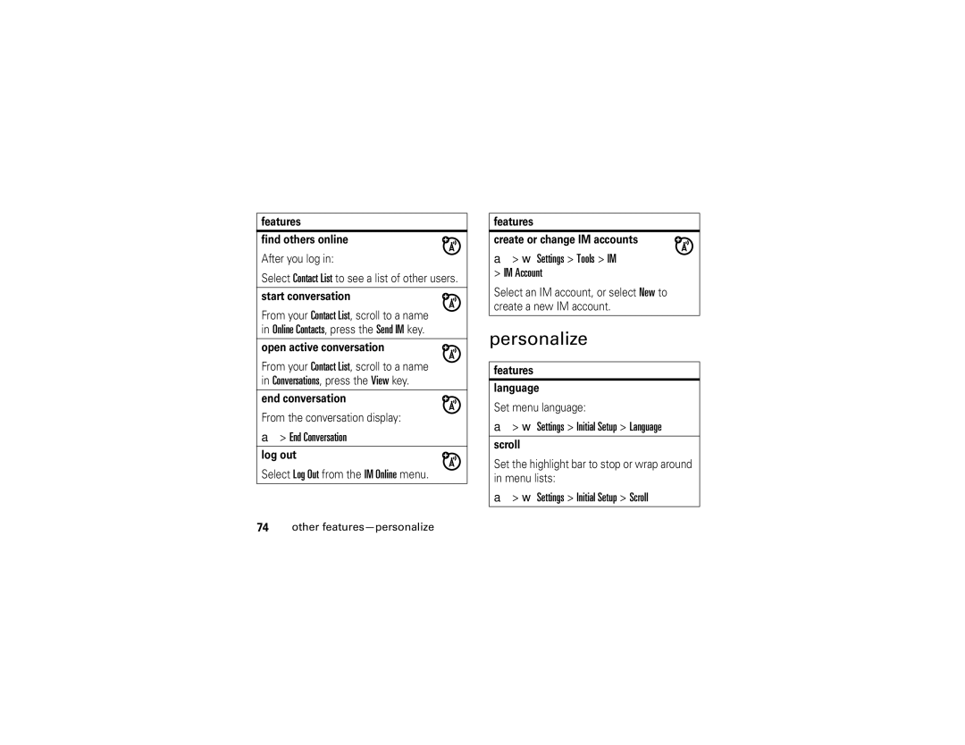 Motorola V3i user manual Personalize, End Conversation, Settings Tools IM IM Account, Settings Initial Setup Language 