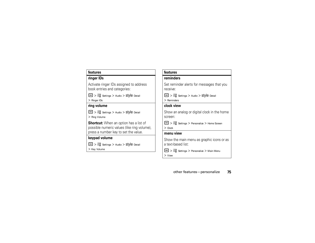 Motorola V3i user manual Settings Audio style Detail Ring Volume, Settings Audio style Detail Key Volume 