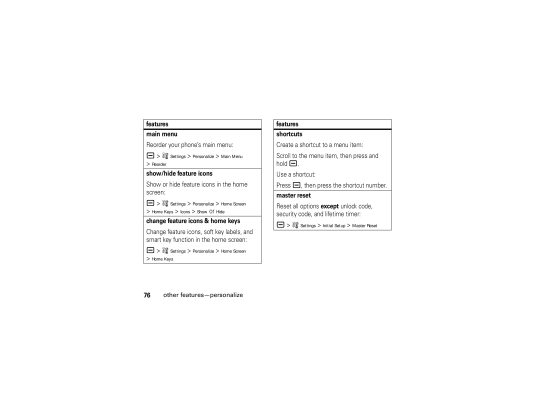 Motorola V3i user manual Settings Personalize Main Menu Reorder, Settings Personalize Home Screen Home Keys 