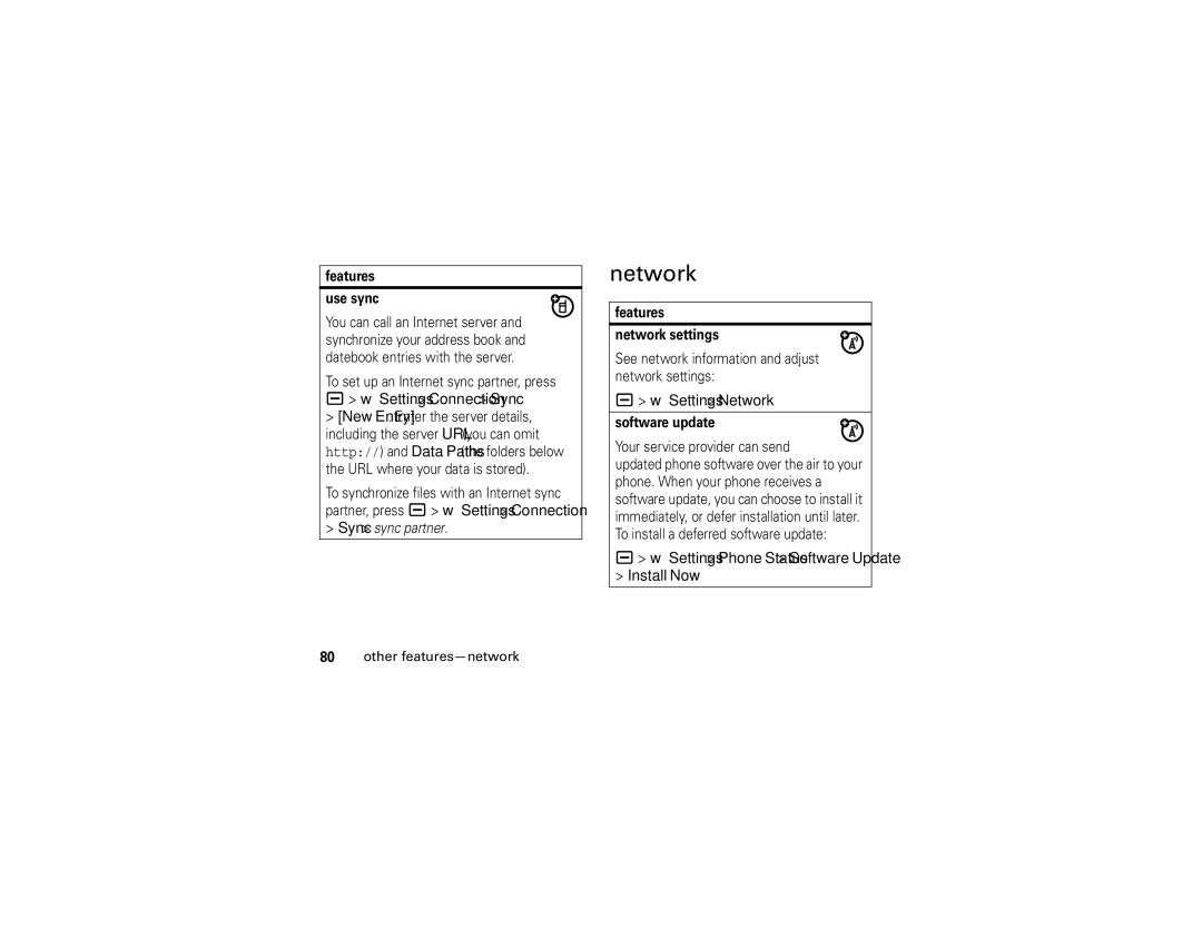 Motorola V3i user manual Settings Network, Install Now, Settings Phone Status Software Update, Other features-network 