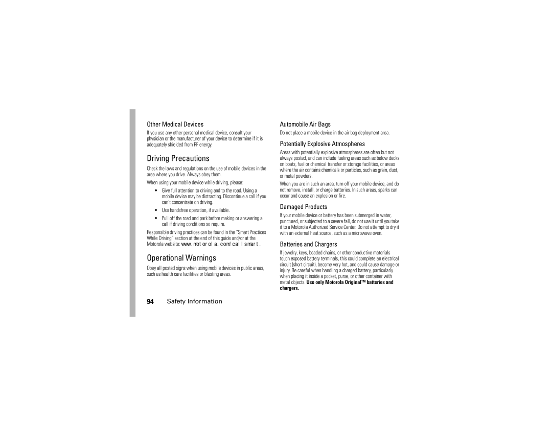 Motorola V3i user manual Driving Precautions, Operational Warnings 