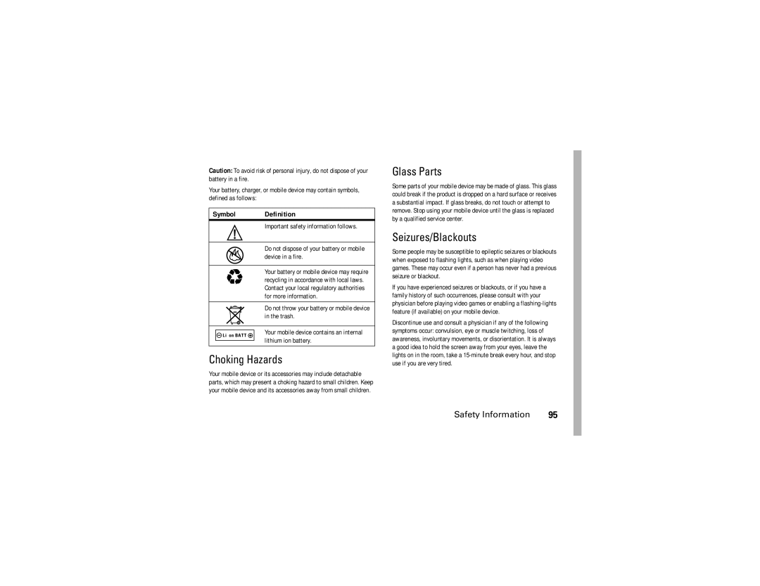 Motorola V3i user manual Glass Parts, Seizures/Blackouts, Choking Hazards, Symbol Definition 