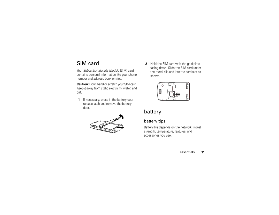 Motorola V3i manual SIM card, Battery tips 