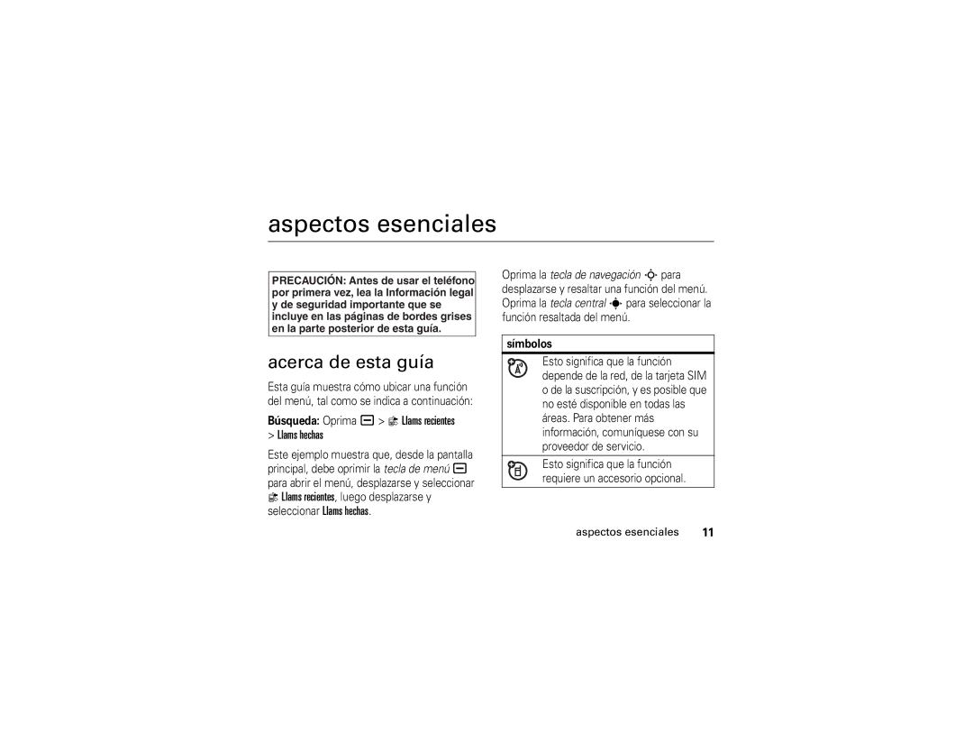 Motorola V3i manual Aspectos esenciales, Acerca de esta guía, Búsqueda Oprima a Llams recientes Llams hechas, Símbolos 