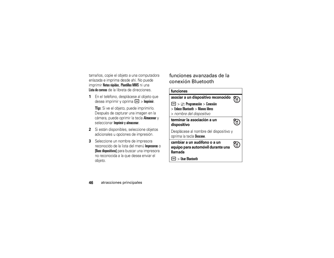 Motorola V3i Funciones avanzadas de la conexión Bluetooth, Usar Bluetooth, Funciones Asociar a un dispositivo reconocido 