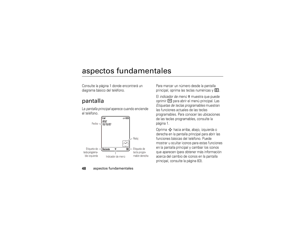 Motorola V3i manual Aspectos fundamentales, Pantalla, La pantalla principal aparece cuando enciende el teléfono 