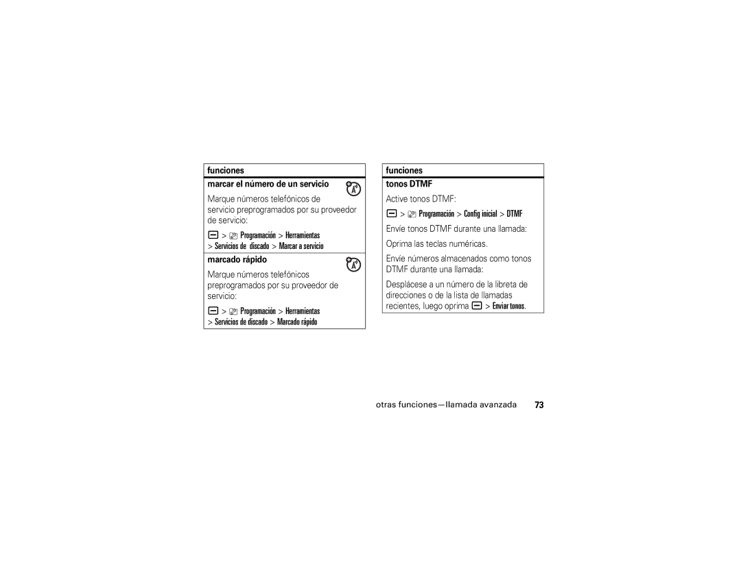 Motorola V3i manual Programación Config inicial Dtmf, Funciones Marcar el número de un servicio, Funciones Tonos Dtmf 