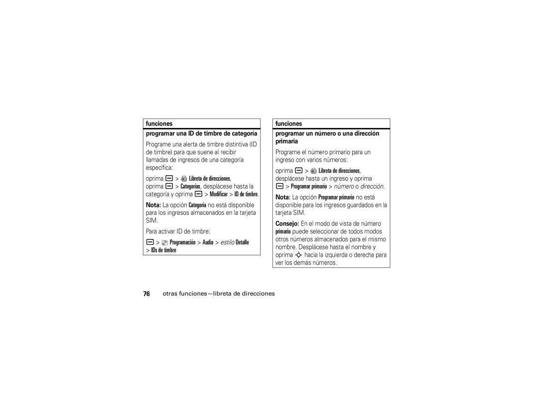 Motorola V3i manual Oprima a = Libreta de direcciones, Funciones Programar una ID de timbre de categoría 
