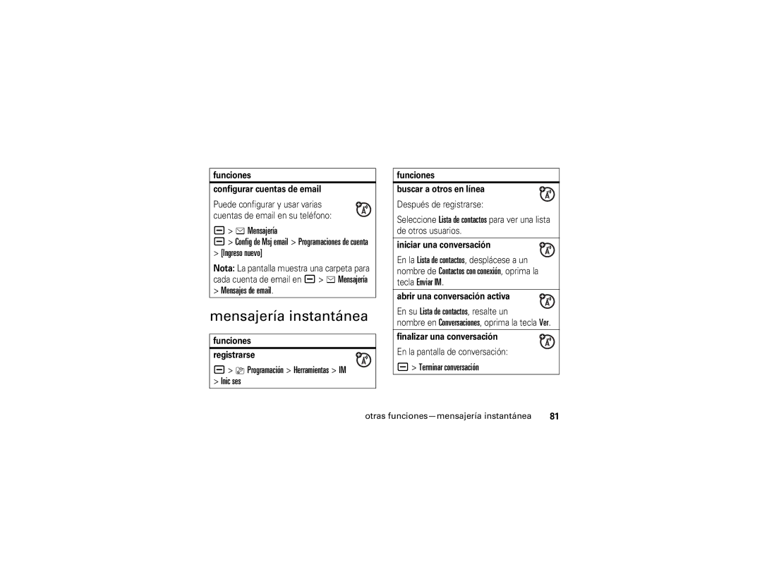 Motorola V3i manual Mensajería instantánea, Mensajes de email, Programación Herramientas IM Inic ses, Tecla Enviar IM 