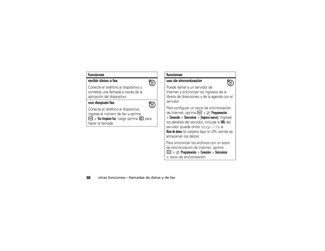 Motorola V3i Programación Conexión Sincronizar, Funciones Recibir datos o fax, Voz después fax, Socio de sincronización 