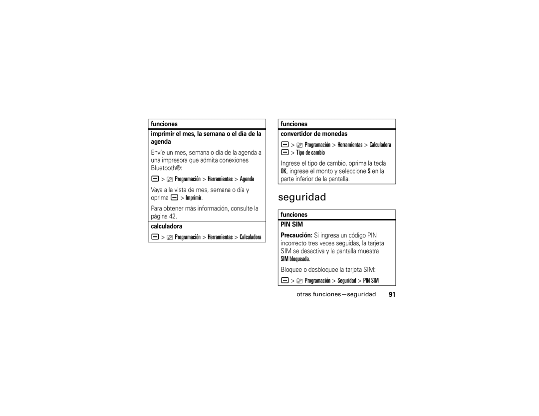 Motorola V3i manual Programación Herramientas Calculadora a Tipo de cambio, Programación Seguridad PIN SIM 