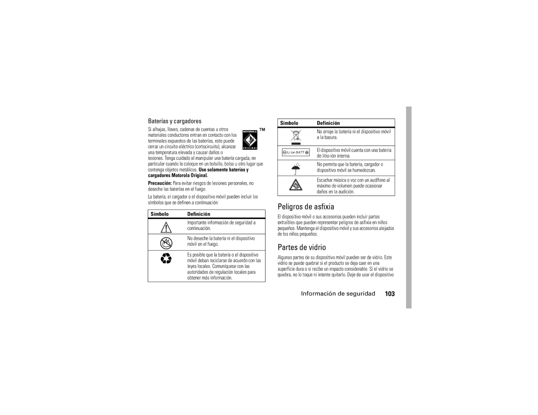 Motorola V3i manual Peligros de asfixia, Partes de vidrio, Baterías y cargadores 