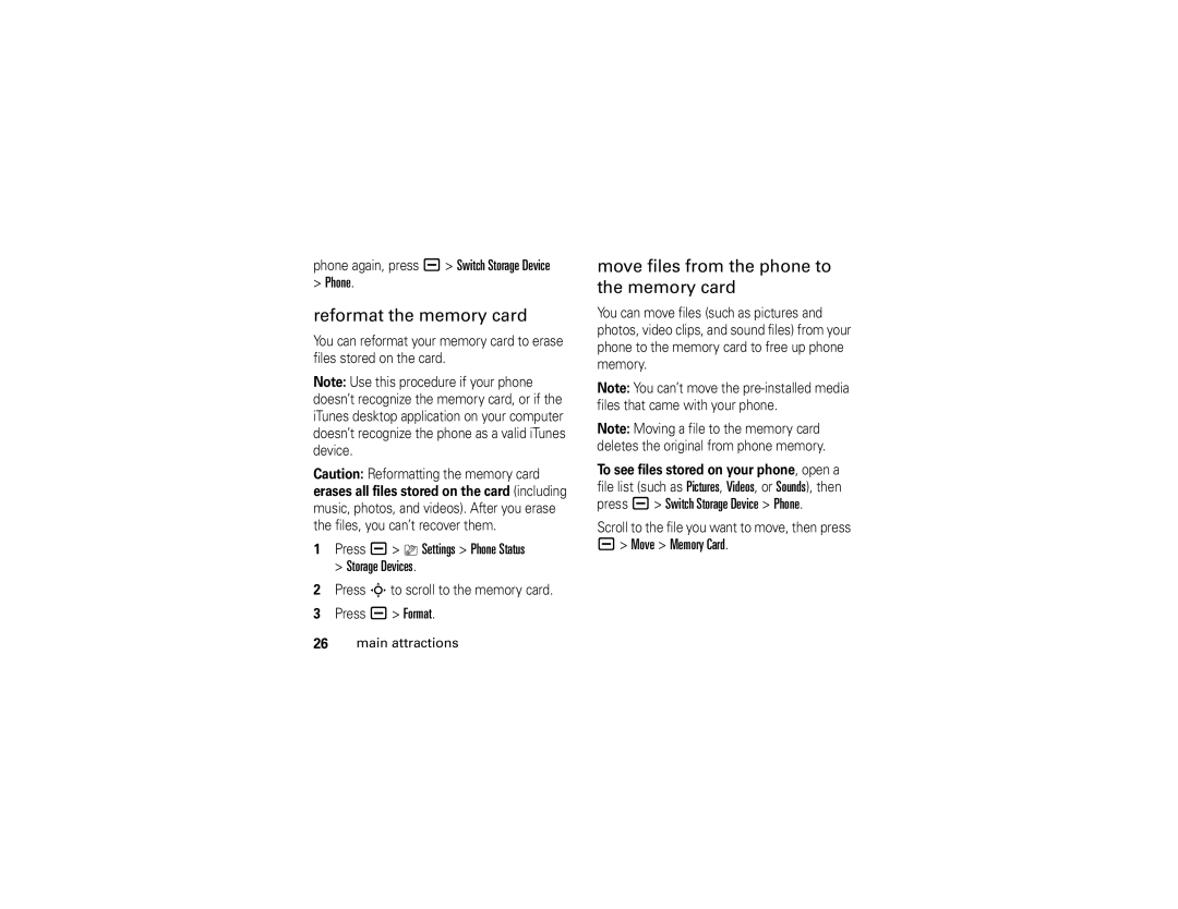 Motorola V3i manual Reformat the memory card, Move files from the phone to the memory card, Phone, Move Memory Card 