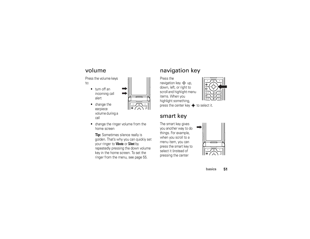 Motorola V3i manual Volume, Navigation key, Smart key 