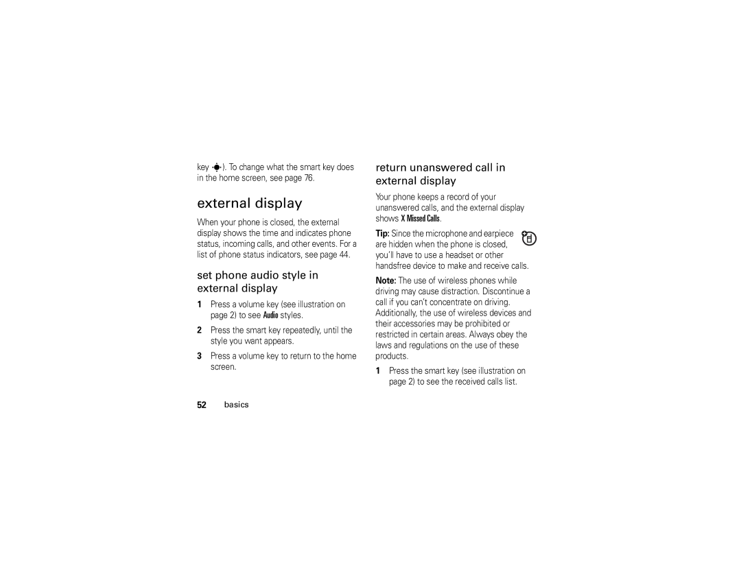 Motorola V3i manual External display, Set phone audio style in external display, Return unanswered call in external display 