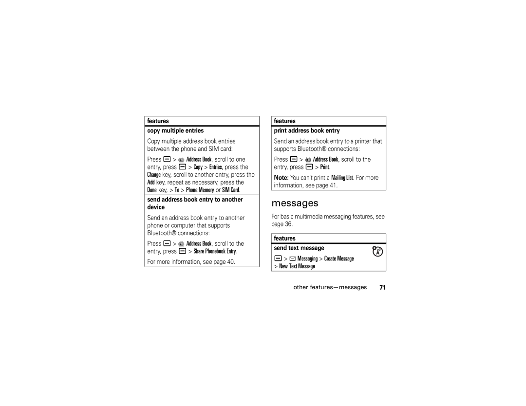 Motorola V3i manual Messages, Features Copy multiple entries, Send address book entry to another device 