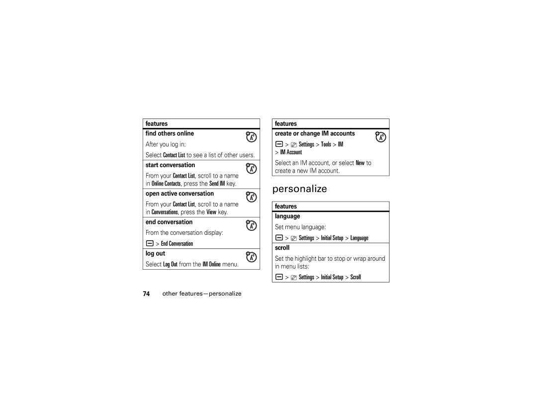 Motorola V3i manual Personalize, End Conversation, Settings Tools IM IM Account, Settings Initial Setup Language 